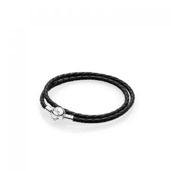 Pandora  - Moments kétsoros fonottbőr karkötő, fekete - 590745CBK-D1